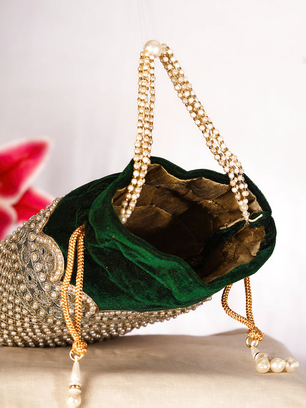 Deep Green Velvet Pearl Lattice Potli Bag