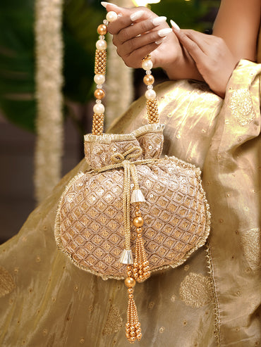 Regal Golden Beige Handcrafted Potli Bag