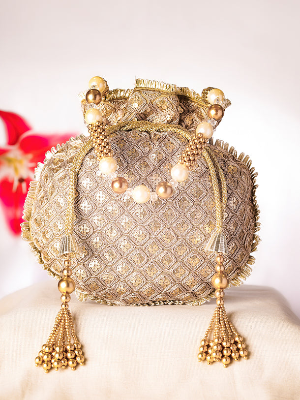 Regal Golden Beige Handcrafted Potli Bag