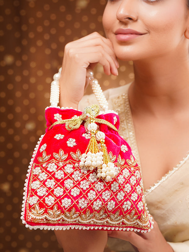 Pink Embroidered Pearl Embellished Potli Bag