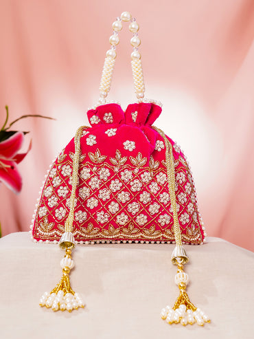 Pink Embroidered Pearl Embellished Potli Bag