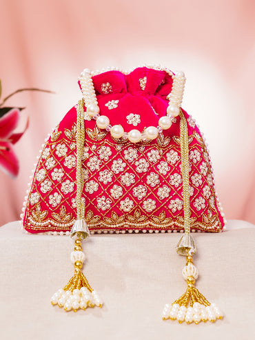 Pink Embroidered Pearl Embellished Potli Bag