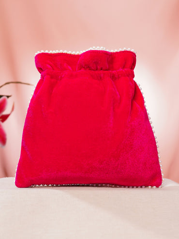Pink Embroidered Pearl Embellished Potli Bag