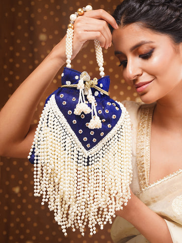 Navy Blue Pearl Embellished Embroidered Potli Bag