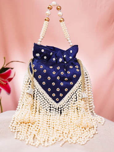 Navy Blue Pearl Embellished Embroidered Potli Bag