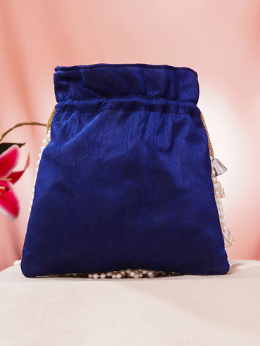 Navy Blue Pearl Embellished Embroidered Potli Bag