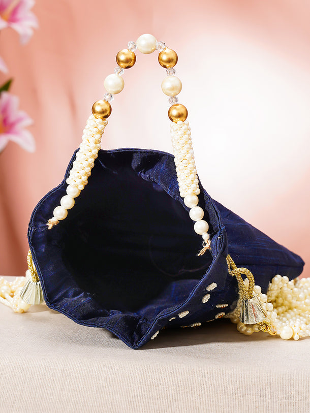 Navy Blue Pearl Embellished Embroidered Potli Bag