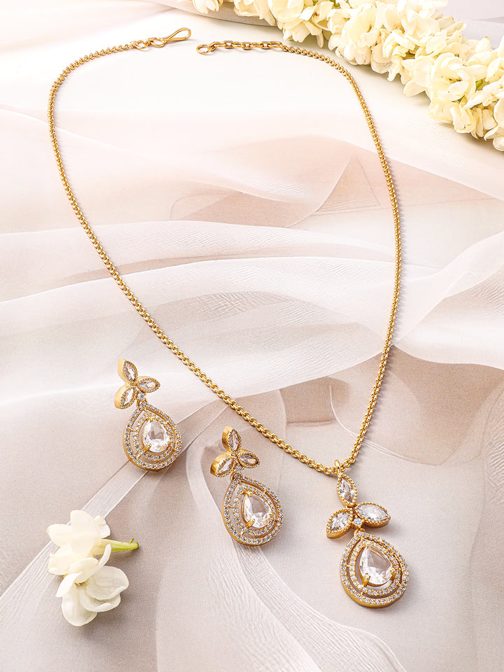 Rubans 22K Gold-Plated Grey Stone and White Cubic Zirconia Studded Pendant Jewellery Set