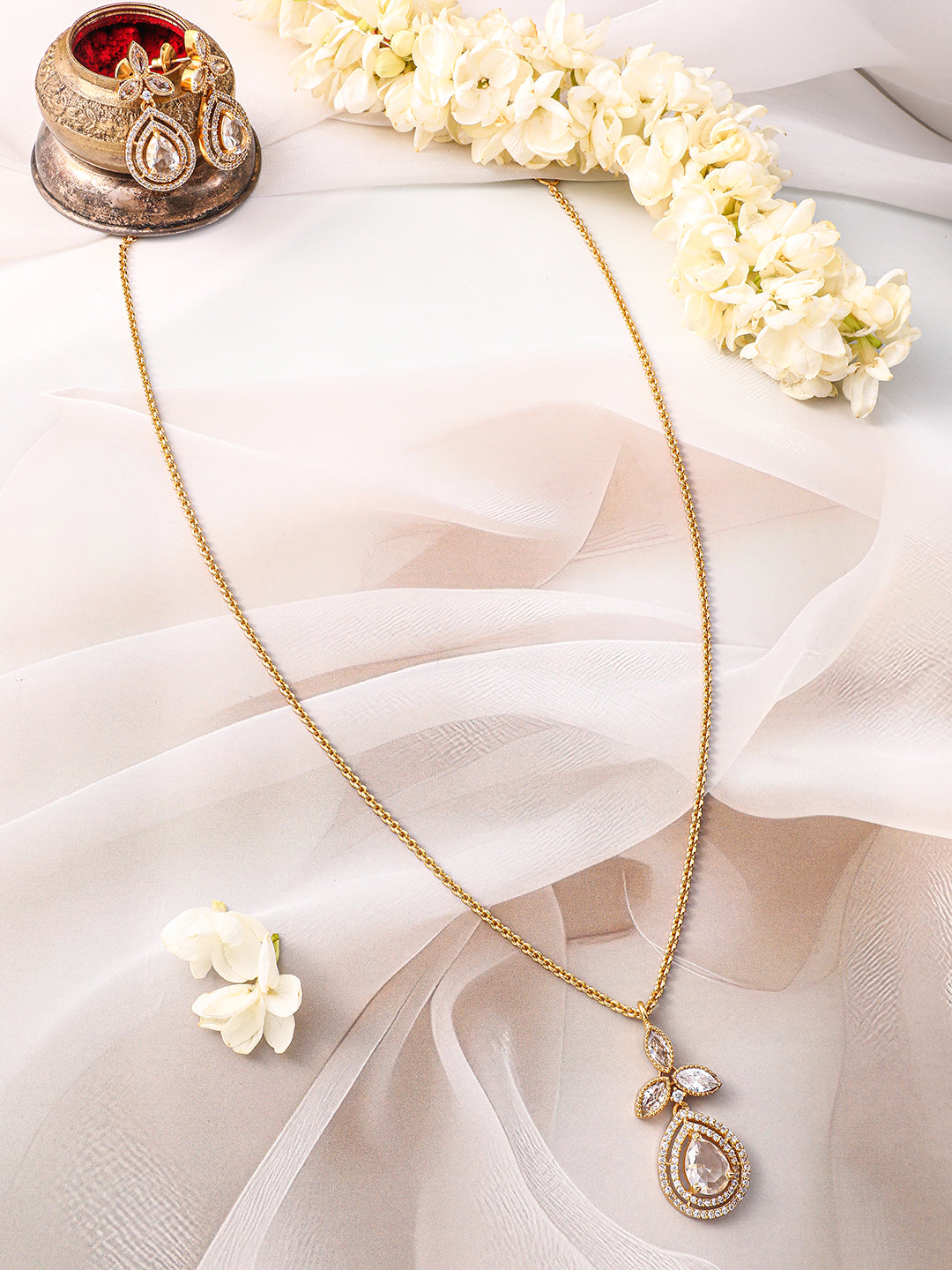 Rubans 22K Gold-Plated Grey Stone and White Cubic Zirconia Studded Pendant Jewellery Set