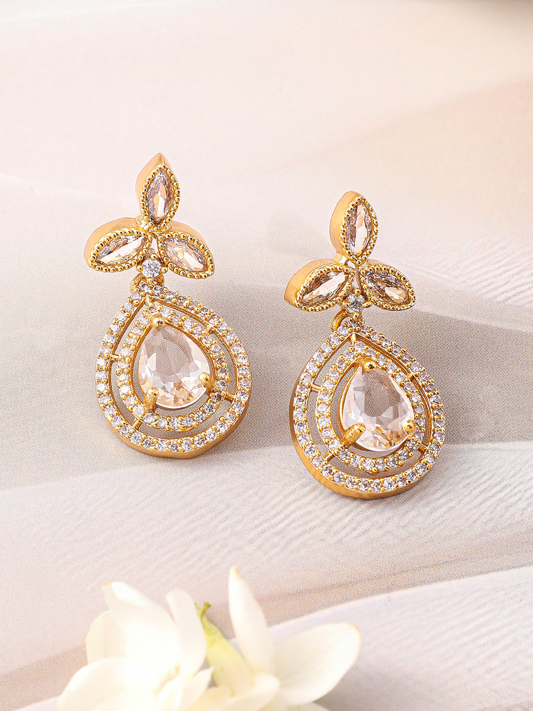 Rubans 22K Gold-Plated Grey Stone and White Cubic Zirconia Studded Pendant Jewellery Set