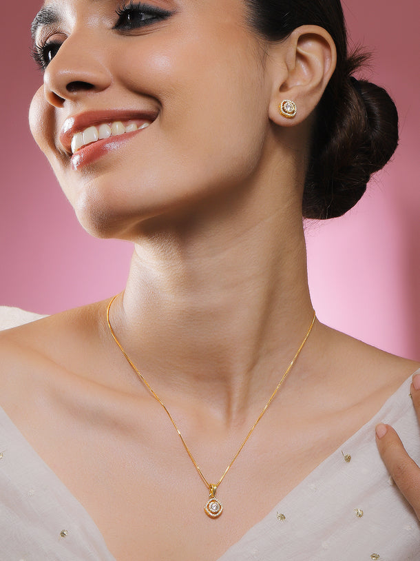 Rubans 18K Gold-Plated White Cubic Zirconia Studded Circular Pendant Set with Earrings for Women