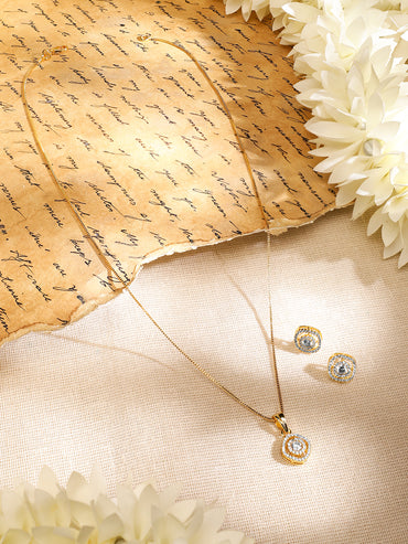 Rubans 18K Gold-Plated White Cubic Zirconia Studded Circular Pendant Set with Earrings for Women