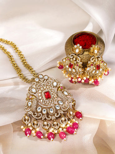 White Kundan Necklace Set With Pearl Red Drops