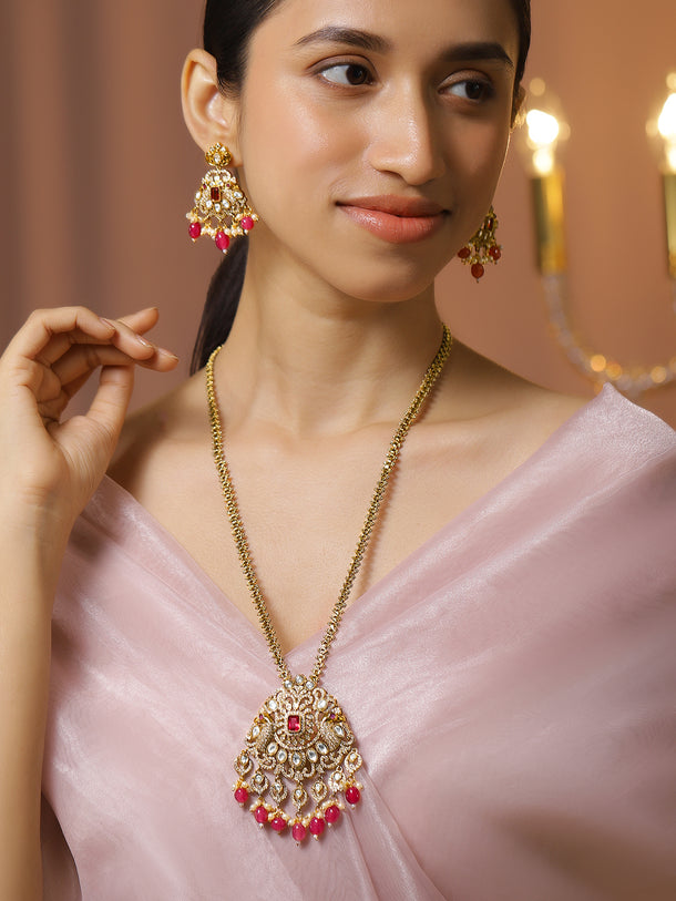 White Kundan Necklace Set With Pearl Red Drops