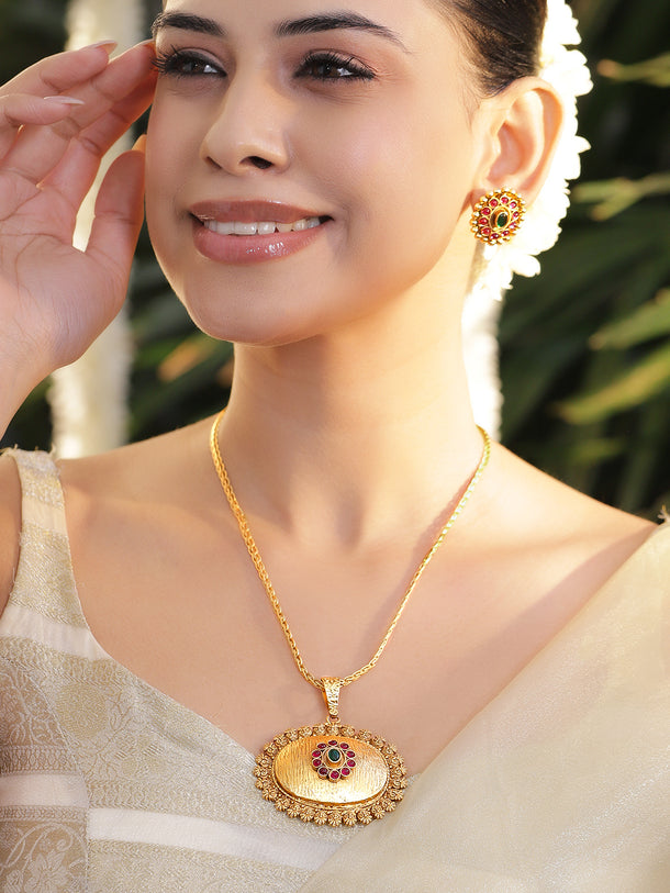 Golden Floral Red Green Studded Pendant Set