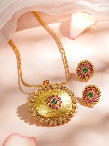 Golden Floral Red Green Studded Pendant Set