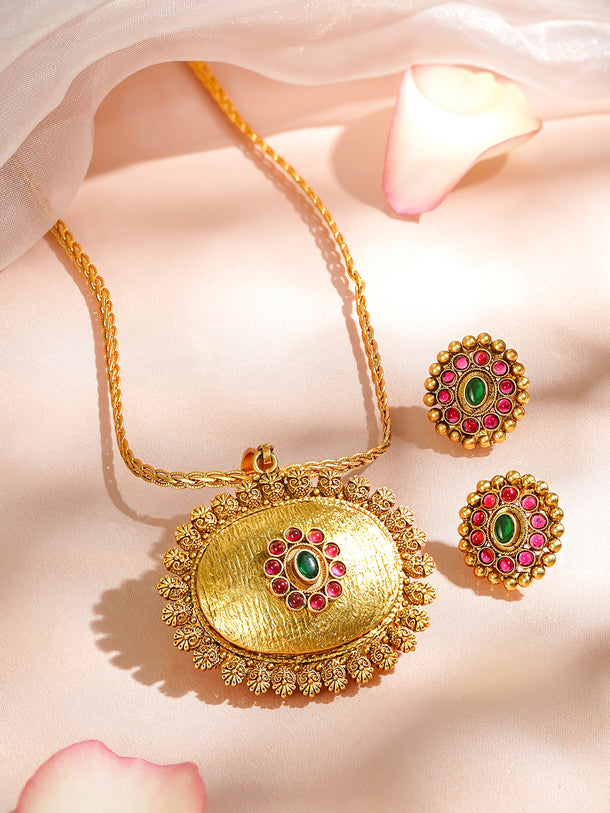 Golden Floral Red Green Studded Pendant Set