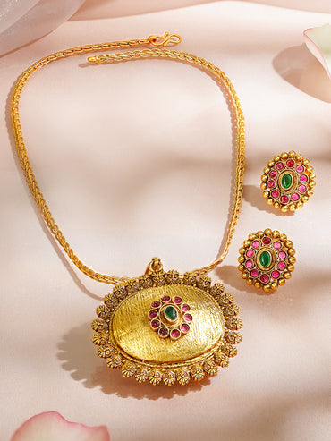 Golden Floral Red Green Studded Pendant Set