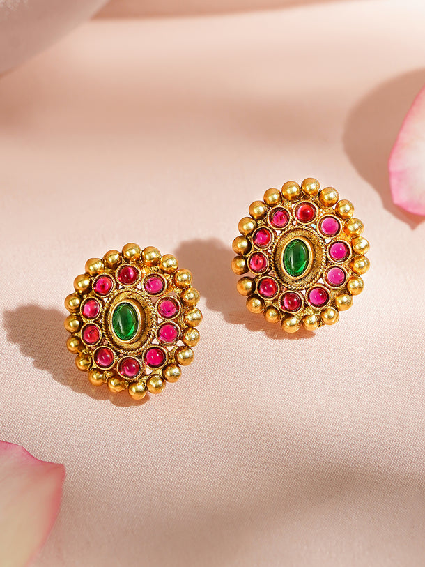 Golden Floral Red Green Studded Pendant Set