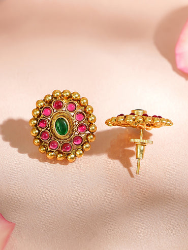 Golden Floral Red Green Studded Pendant Set