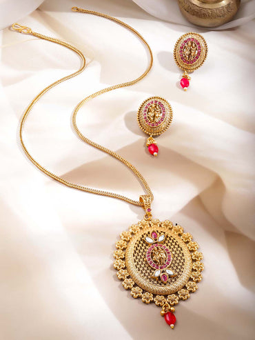 Women Gold Brass Radha Krishna 18K Gold Plated Pendant Set