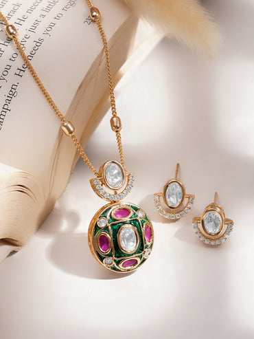 Classic Ruby Pink Kundan Pendant Set