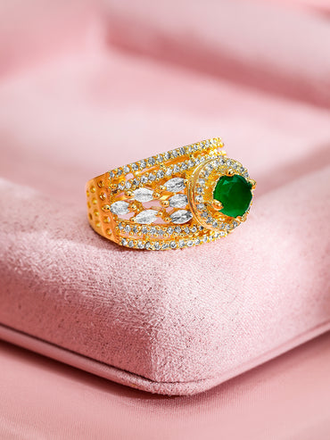 Green & American Diamond Zirconia Gold Ring