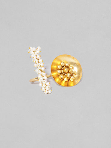 Rubans 24K Gold Plated Handcrafted Ring With Pearls, Golden Beads And Circular Design