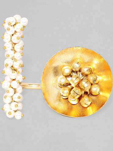 Rubans 24K Gold Plated Handcrafted Ring With Pearls, Golden Beads And Circular Design