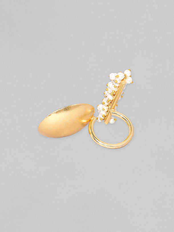 Rubans 24K Gold Plated Handcrafted Ring With Pearls, Golden Beads And Circular Design