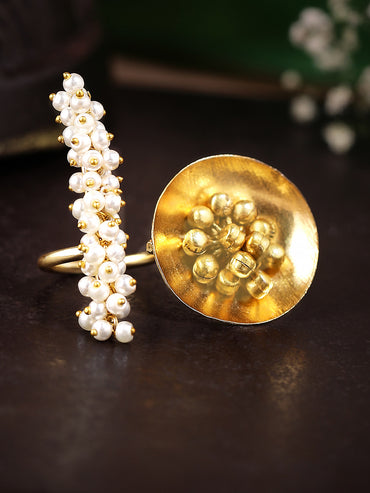 Rubans 24K Gold Plated Handcrafted Ring With Pearls, Golden Beads And Circular Design