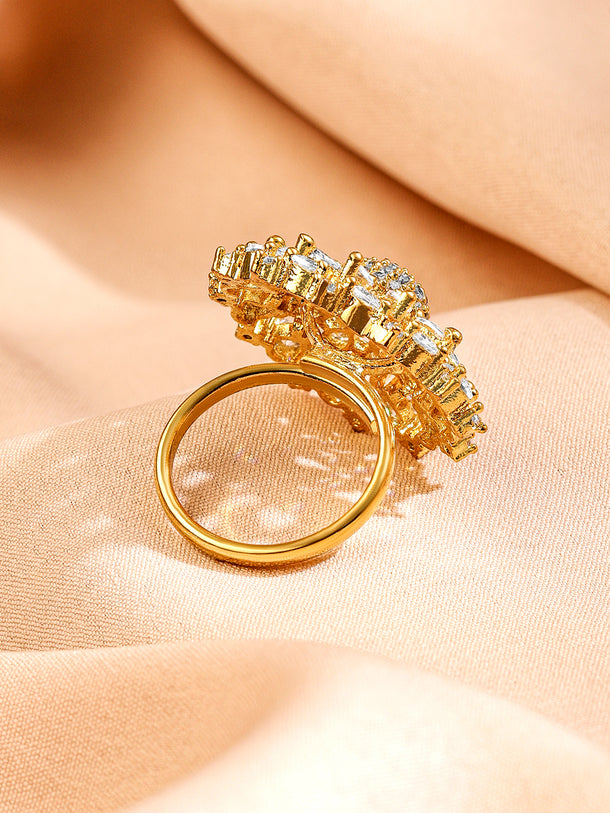 Rubans 18K Gold-Plated Cubic Zirconia Studded Adjustable Sunburst Floral Finger Ring