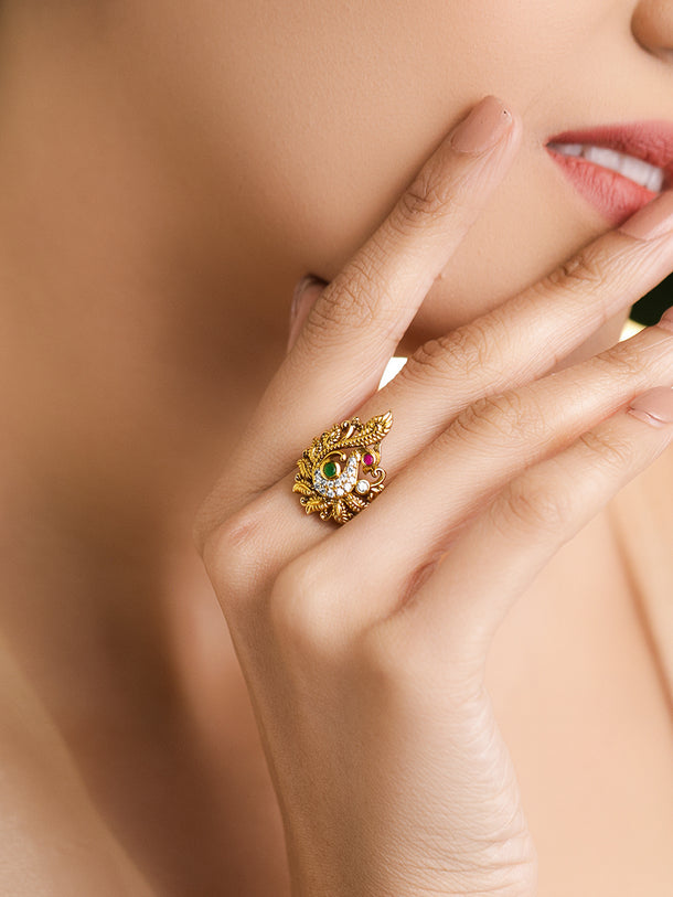 Rubans 18K Gold-Plated Emerald Green & Ruby Stone with CZ Detailing Adjustable Finger Ring