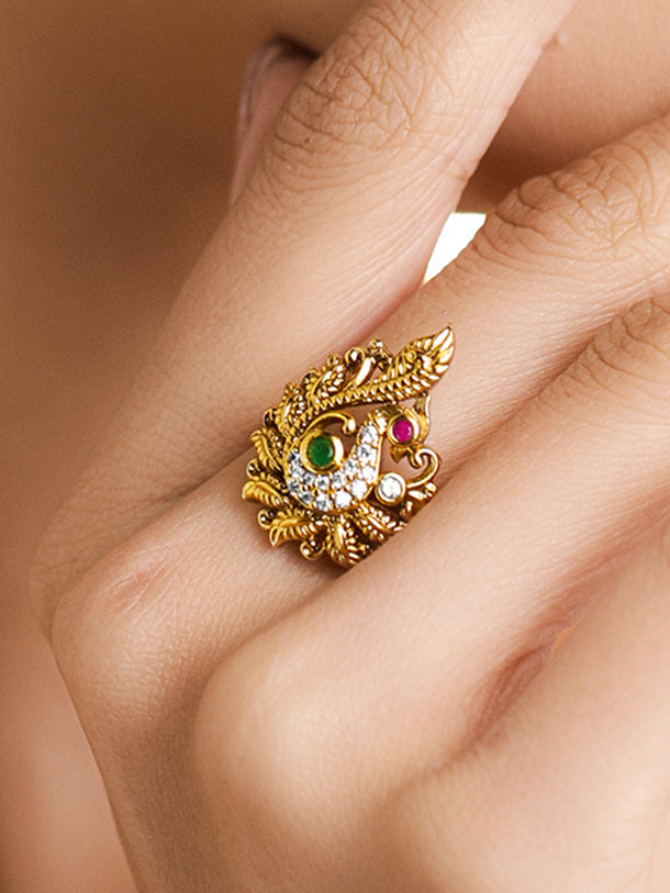 Rubans 18K Gold-Plated Emerald Green & Ruby Stone with CZ Detailing Adjustable Finger Ring