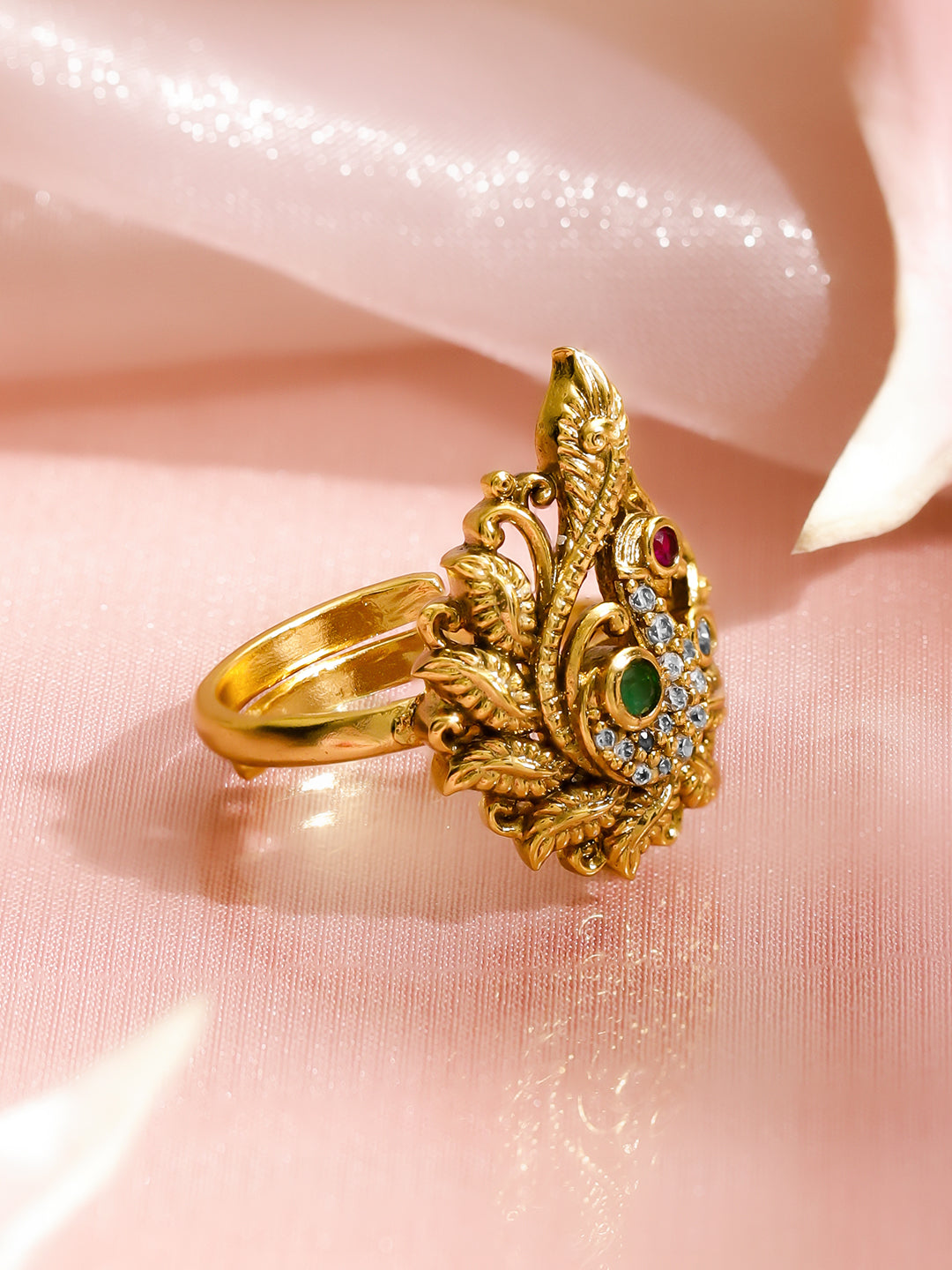 Rubans 18K Gold-Plated Emerald Green & Ruby Stone with CZ Detailing Adjustable Finger Ring
