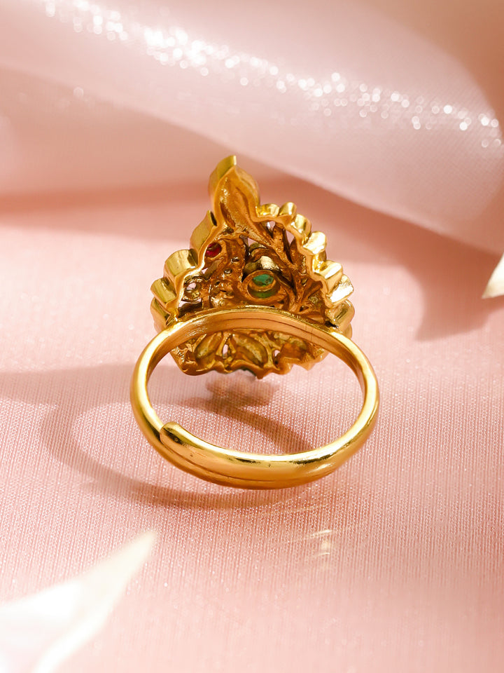 Rubans 18K Gold-Plated Emerald Green & Ruby Stone with CZ Detailing Adjustable Finger Ring