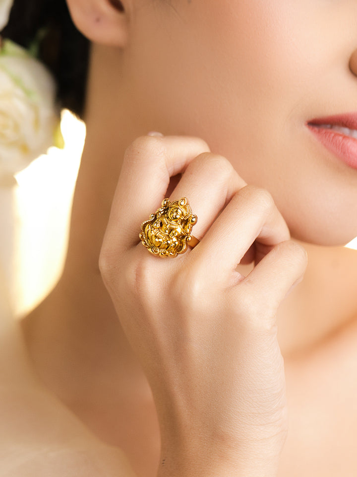 Rubans 18K Gold-Plated Goddess Lakshmi Temple Design Adjustable Finger Ring