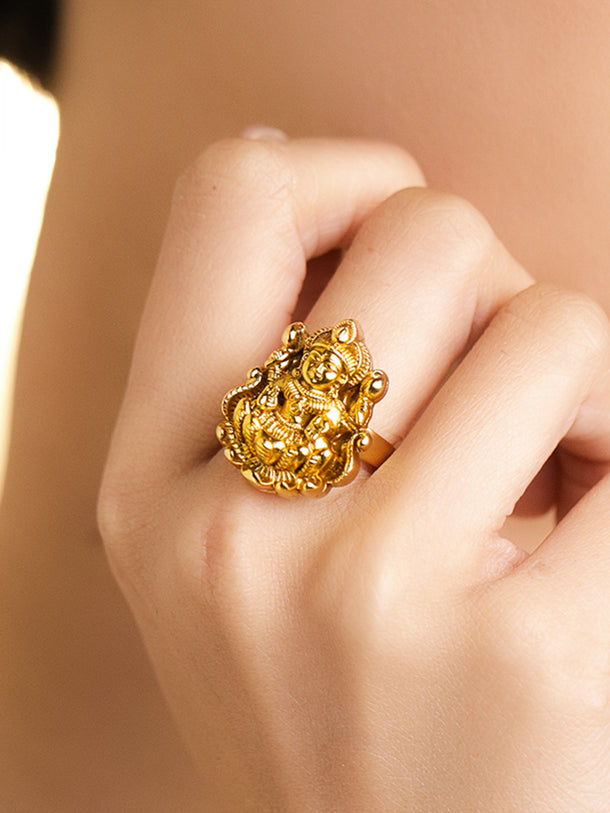 Rubans 18K Gold-Plated Goddess Lakshmi Temple Design Adjustable Finger Ring