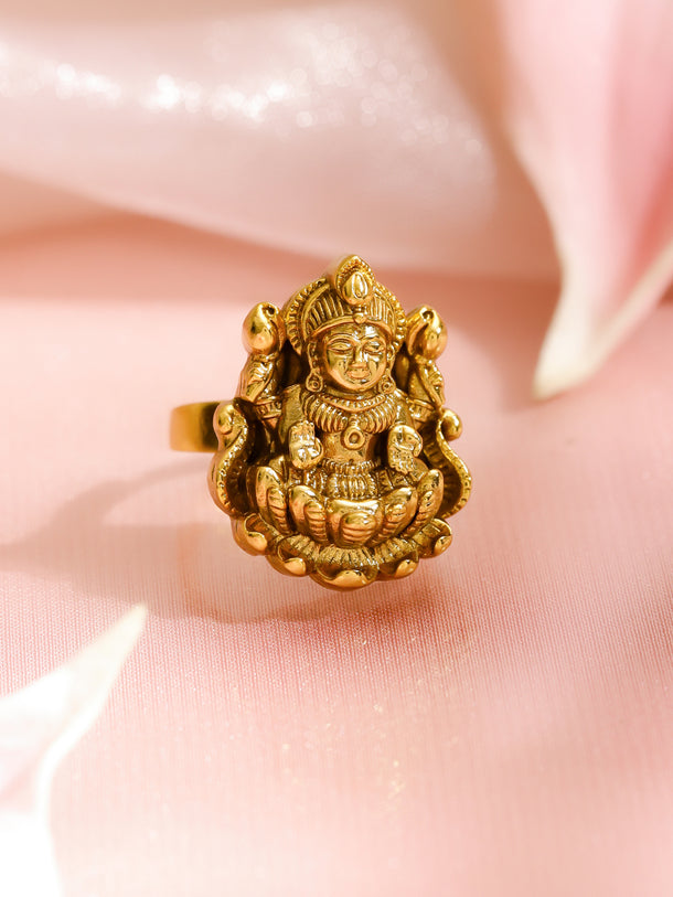 Rubans 18K Gold-Plated Goddess Lakshmi Temple Design Adjustable Finger Ring