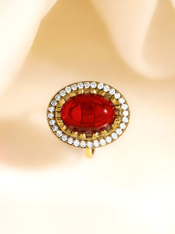 Rubans 22K Gold Plated Brass Ruby Gemstone Studded Adjustable Ring
