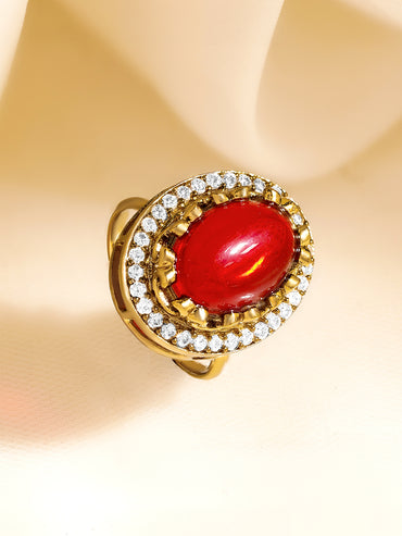 Rubans 22K Gold Plated Brass Ruby Gemstone Studded Adjustable Ring