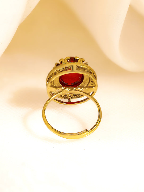 Rubans 22K Gold Plated Brass Ruby Gemstone Studded Adjustable Ring