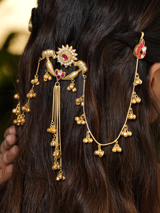 Rubans 22K Gold-Plated Ruby & Pearl Hair Accessory with Elephant Motif & Golden Bead Chains