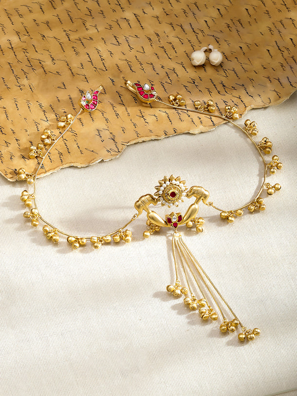 Rubans 22K Gold-Plated Ruby & Pearl Hair Accessory with Elephant Motif & Golden Bead Chains