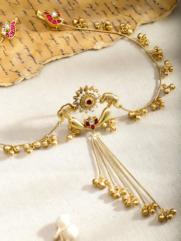 Rubans 22K Gold-Plated Ruby & Pearl Hair Accessory with Elephant Motif & Golden Bead Chains