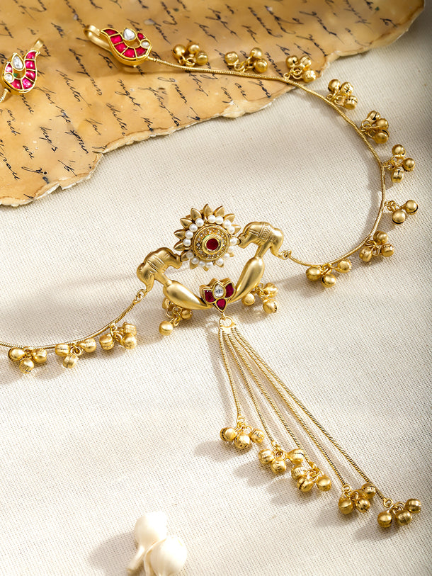 Rubans 22K Gold-Plated Ruby & Pearl Hair Accessory with Elephant Motif & Golden Bead Chains