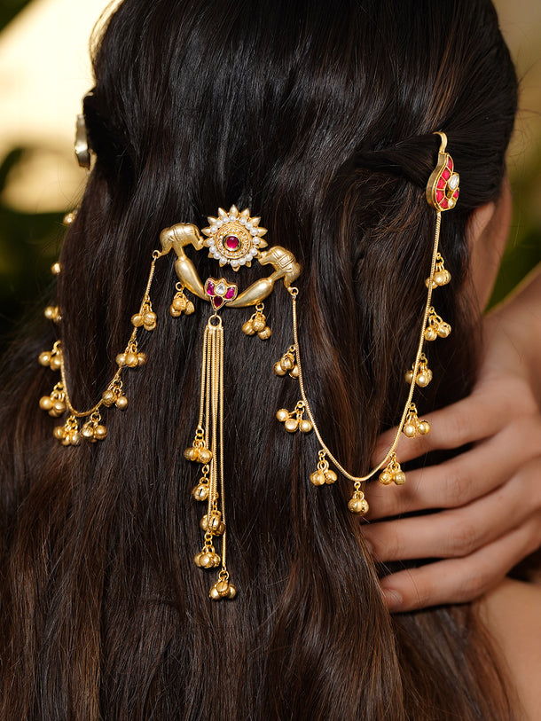 Elephant Motif Gold Beaded Kashmiri Dangler Earrings
