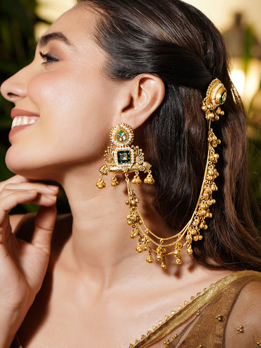 Gold Beaded Green Studded Kashmiri Kaan Chain