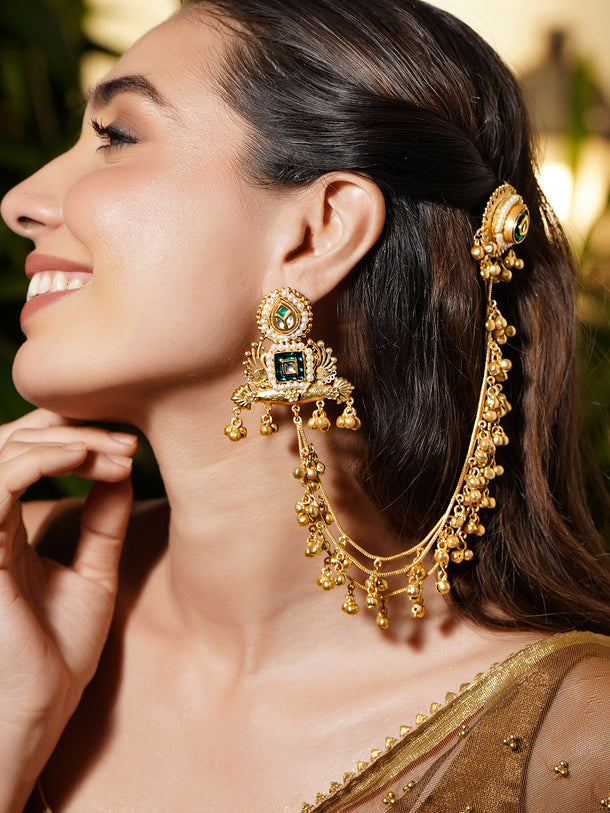 Gold Beaded Green Studded Kashmiri Kaan Chain