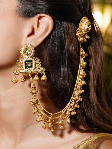 Gold Beaded Green Studded Kashmiri Kaan Chain